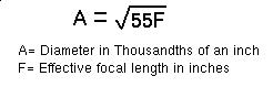 A = sqrt(55*F) where: A = pinhole
diameter in .001 in. and F = focal length in inches.